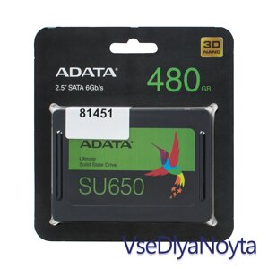 Жесткий диск 2.5" SSD 480GB ADATA ultimate SU650 series, ASU650SS-480GT-R, 3D NAND TLC, SATA-III 6gb/s,