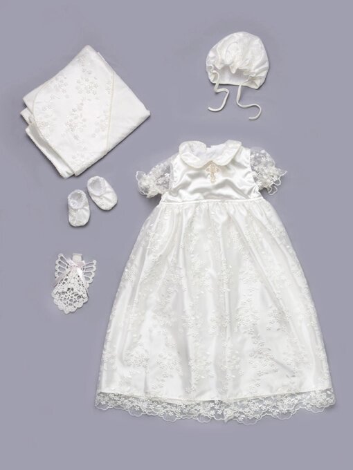 Комплект крестильное платье для девочки с гипюром белый - опт