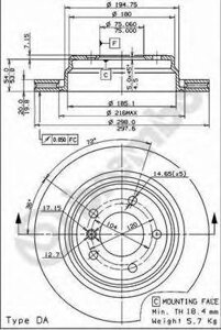 Brembo, Задній гальмівний диск Е39, Вентильований, Діаметр 298мм, товщина 20мм