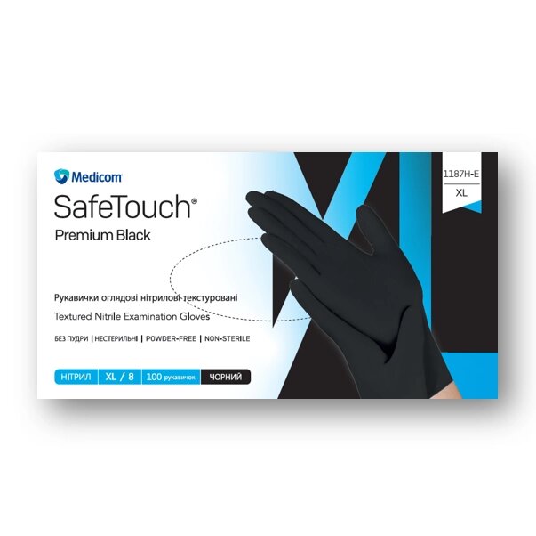 РУКАВИЧКИ НІТРИЛОВІ ОГЛЯДОВІ SAFETOUCH PREMIUM BLACK ЧОРНІ ТМ Medicom розмір М, пл. 5г від компанії Shantal Beauty Shop - фото 1