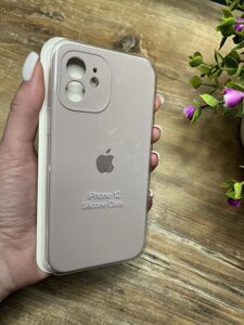 Чохол силіконовий для iPhone (Айфон) 12 з Квадратними Бортами та закритою камерою Silicone Case, Сіро-бежевий