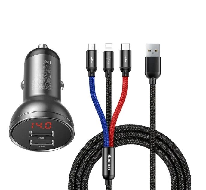 Автомобільний зарядний пристрій BASEUS TZCCBX-0G 2USB кабель Lightning/Micro/Type-C 24W 4.8A + вольтметр від компанії інтернет-магазин "БИТПРОМТОРГ" - фото 1