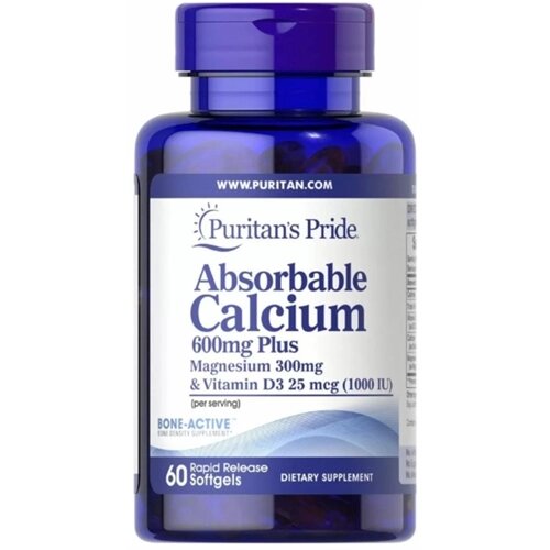 Мікроелемент Кальцій Puritan's Pride Absorbable Calcium 600 mg with Vitamin D3 1000 IU 60 Softgels від компанії інтернет-магазин "БИТПРОМТОРГ" - фото 1