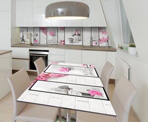 Наліпка 3Д вінілова на стіл Zatarga «Білі цеглу та Квіти» 600х1200 мм для будинків, квартир, столів,
