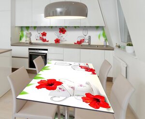 Наліпка 3Д виниловая на стол Zatarga «Гибискус и чашки» 600х1200 мм для домов, квартир, столов,