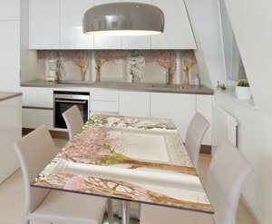 Наклейка 3Д вінілова на стіл Zatarga «Сакури та Скульптури» 650х1200 мм для будинків, квартир, столів,