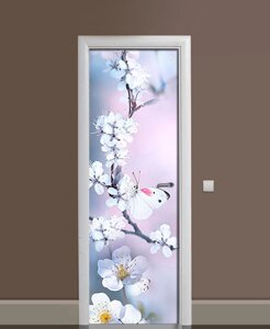 Наліпка на двері Zatarga «Гості вишневого дерева» 650х2000 мм вінілова 3Д Наліпка декор самоклеюча