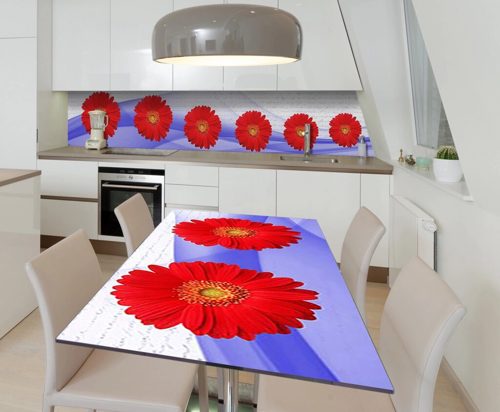 Наліпка 3Д вінілова на стіл Zatarga «Червоні Гербери» 600х1200 мм для будинків, квартир, столів, кофеєнь, від компанії інтернет-магазин "БИТПРОМТОРГ" - фото 1