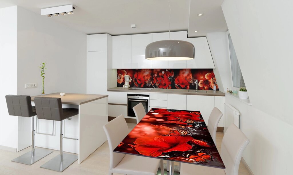 Наліпка 3Д вінілова на стіл Zatarga «Червоні квіти і метелики, метелики» 600х1200 мм для будинків, квартир, від компанії інтернет-магазин "БИТПРОМТОРГ" - фото 1