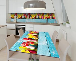 Наліпка 3Д вінілова на стіл Zatarga «Тюльпани в кашпо» 600х1200 мм для будинків, квартир, столів, кофеєнь,