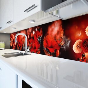 Скиналі на кухню Zatarga «Червоні квіти і метелики, метелики» 600х2000 мм вінілова 3Д Наліпка кухонний фартух