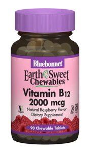 Вітамін В12 2000мкг Bluebonnet Nutrition Earth Sweet Chewables Смак Малини 90 жувальних таблеток