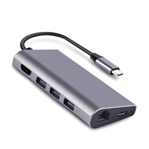 Док станция Lucom USB Type-C Thunderbolt3 на HDMI 4K@30Hz + 3 x USB3.0 + RJ45 Gigabit + PD 65 W MultiPort Срібний