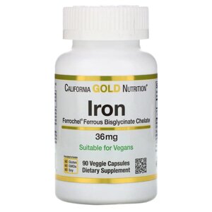 Залізо бігліцинат California Gold Nutrition Ferrochel Iron 36 мг 90 рослинних капсул в Дніпропетровській області от компании интернет-магазин "БЫТПРОМТОРГ"