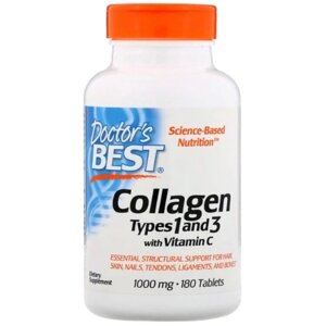 Комплекс для шкіри, волосся, нігтів Doctor's Best Collagen Types 1 and 3 with Vitamin C 1000 mg 180 Tabs DRB-00204