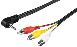 Кабель аудіо-адаптер Goobay Jack 3.5mm 4pin-RCAx3 M/M 1.5m AV (L-V-Gnd-R) 90° кутовий Flat чорний (75.05.0209)