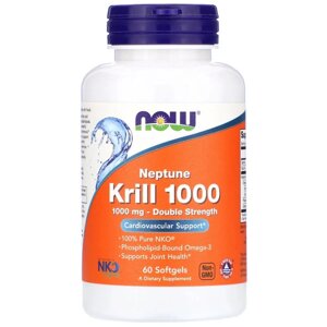 Крильовий жир 1000мг, Neptune Krill 1000, Double Strength, Now Foods, 60 желатинових капсул