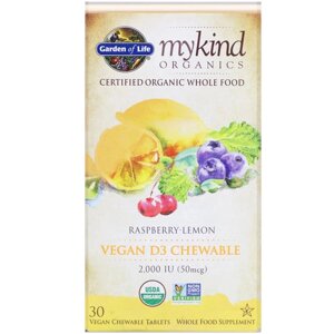 Вітамін D3, 2000 МО, малиново-лимонний смак, MyKind Organics, Garden of Life, 30 жувальних веганських пігулок