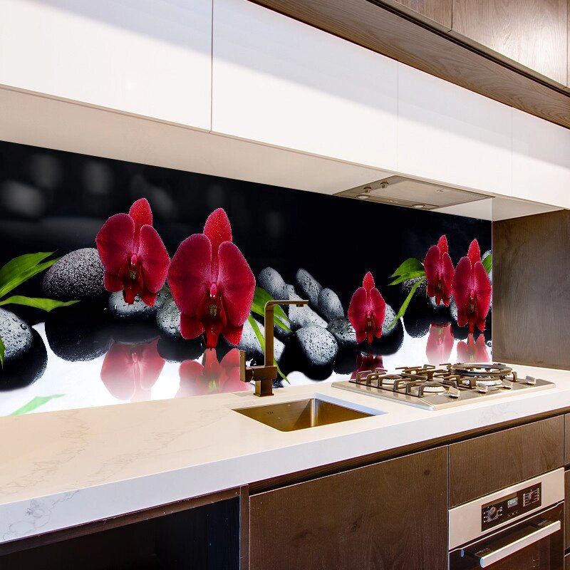 Скиналі на кухню Zatarga «Червона орхідея Чорні камені» 600х2000 мм вінілова 3Д Наліпка кухонний фартух від компанії інтернет-магазин "БИТПРОМТОРГ" - фото 1