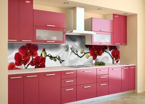 Скинали на кухню Zatarga «Червона орхідея шовк» 600х2000 мм вінілова 3Д Наліпка кухонний фартух