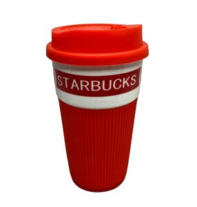 Стакан керамічний із силіконовою кришкою UKC 400 мл Starbucks 9703 червоний з білим