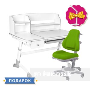 Комплект парта для дому FunDesk Amare Grey II з висувним ящиком + ортопедичне крісло FunDesk Bravo Green