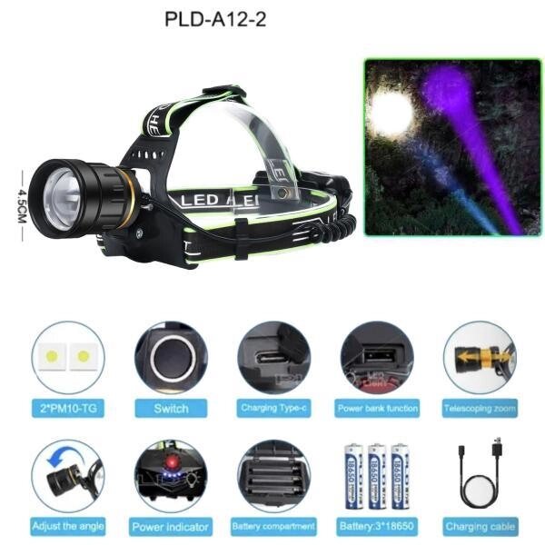 Ліхтар налобний PLD-A12-2PM10-2TG (WHITE+UV), 3x18650, power bank, індикація заряду, ЗУ Type-C, zoom, Box від компанії Інтернет магазин "ВАШ БАЗАР" - потрібні і оригінальні товари! - фото 1