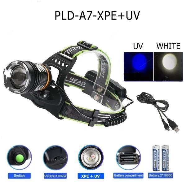 Ліхтар налобний PLD-A7-XPE+UV, 2x18650, ЗУ microUSB, zoom, Box від компанії Інтернет магазин "ВАШ БАЗАР" - потрібні і оригінальні товари! - фото 1