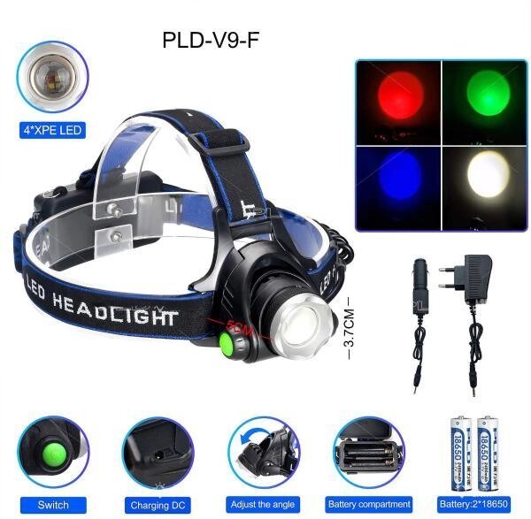 Ліхтар налобний PLD-V9-F-4XPE (RGB), 2x18650, ЗУ 220V/12V, zoom, Box від компанії Інтернет магазин "ВАШ БАЗАР" - потрібні і оригінальні товари! - фото 1