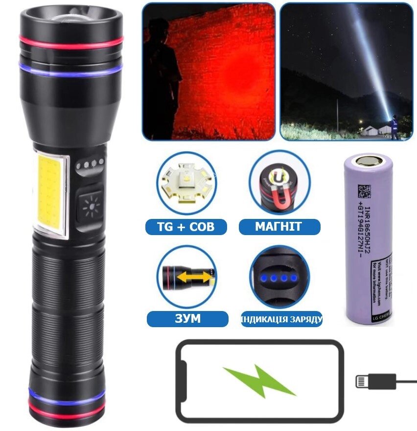 Ліхтар PLD-231 WHITE LASER LED PM10-TG+COB (white+red), 1х18650, power bank, індикація заряду, ЗП Type-C, магніт, zoom,  від компанії Інтернет магазин "ВАШ БАЗАР" - потрібні і оригінальні товари! - фото 1