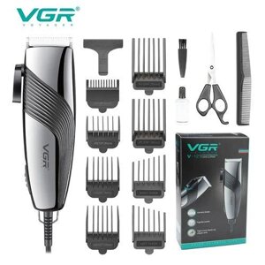 Машинка (тример) для стриження волосся й бороди VGR V-121, Professional, 8 насадок, Ножиці + Гребінець, від мережі