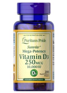 Вітамін Д3 Puritan's Pride Vitamin D3 250mcg (10 000 IU) 200 Softgels