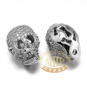 Бусина-череп з цирконієм, колір Silver, 13х17мм, 1 шт.