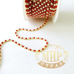 Стразовий ланцюжок, колір Lt Siam+White Pearl , ss6 (2mm), метал золото, 1м