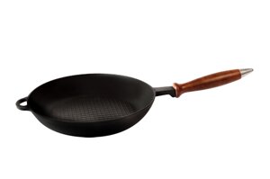 Сковорода чавунна Сітон, d = 260 мм, h = 40 мм з рифленим дном, емальована чорною матовою емаллю, з дерев'яною ручкою