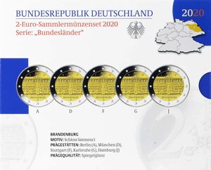 Німеччина 2020. Офіційний набір 2 Євро: Федеральні Землі Бранденбург - пруф
