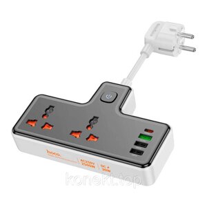 Мережевий фільтр HOCO AC12A на 2 розетки + 3 USB + USB-C, 30W, кабель 1м, 220В, Black, Box