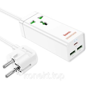 Мережевий фільтр HOCO AC9A на 1 розетку + 2 USB+USB-C, 30W, 220В, кабель 1,5м, White, Box