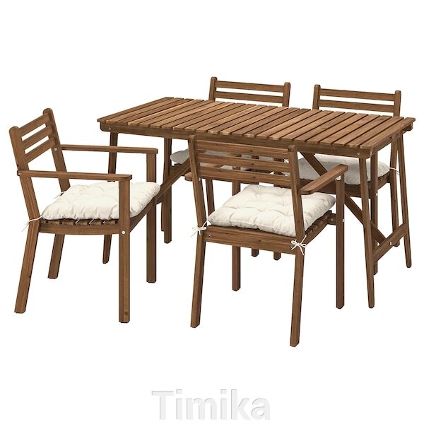 ASKHOLMEN Стіл + 4 стільці з підлокітниками, відкритий, темно-коричневий/Kuddarna бежевий, 143x75 см від компанії Timika - фото 1