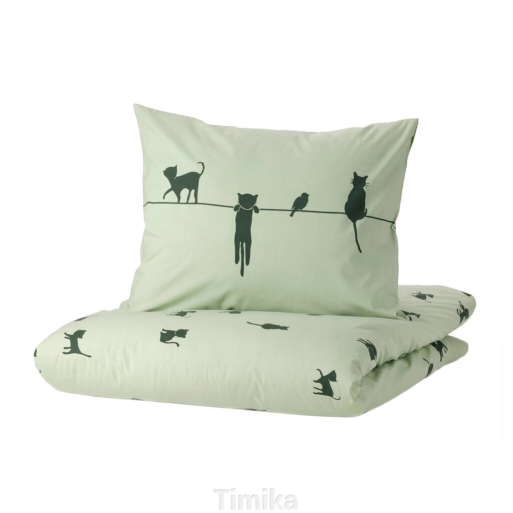 BARNDRÖM Підодіяльник і наволочка, котячий малюнок/зелений, 150x200/50x60 см від компанії Timika - фото 1