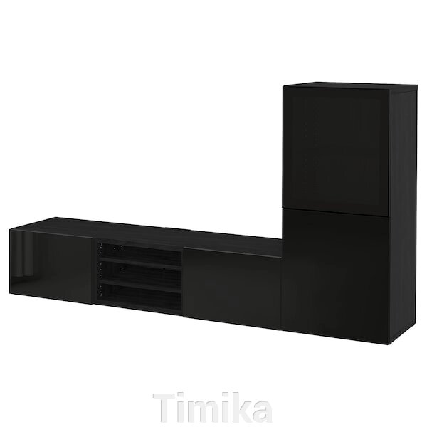 BESTÅ TV комбінація/скляні двері, чорно-коричневий/Selsviken глянець/чорне димчасте скло, 240x42x129 см від компанії Timika - фото 1