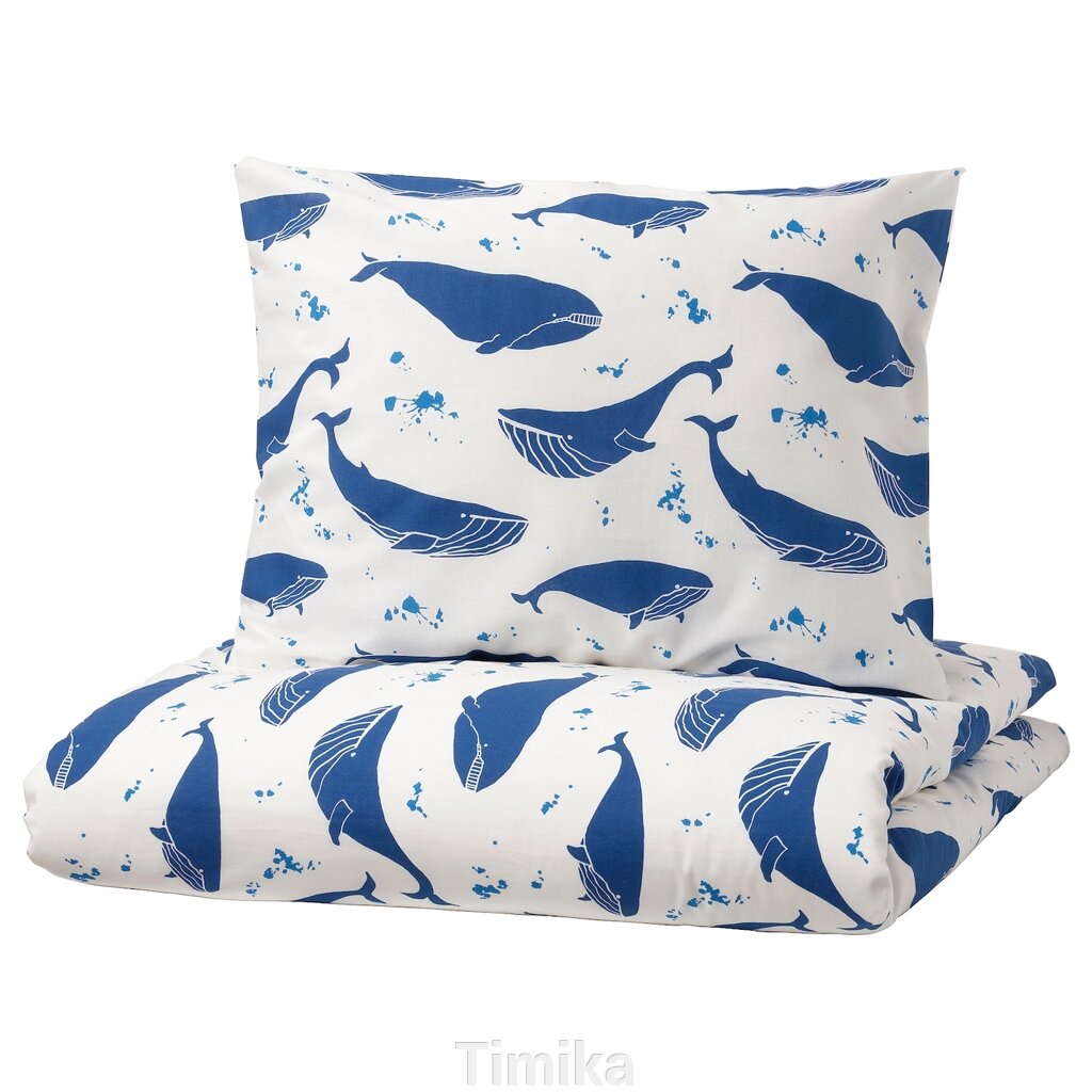 BLÅVINGAD Підодіяльник і наволочка, малюнок кита, синій/білий, 150x200/50x60 см від компанії Timika - фото 1