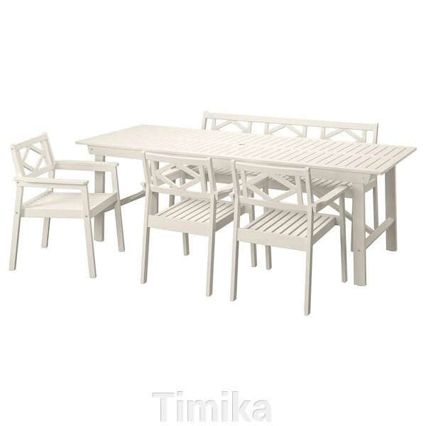 BONDHOLMEN Стіл+3 стільці з підлокітниками+лавка, відкритий, білий/бежевий від компанії Timika - фото 1