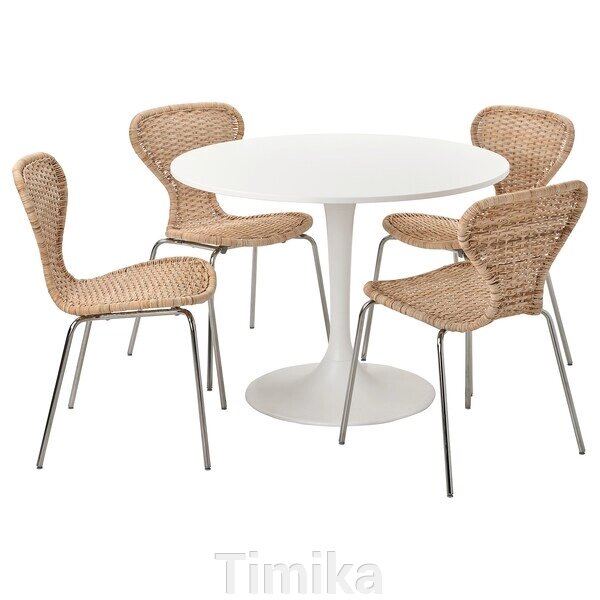 DOCKSTA / ÄLVSTA Стіл і 4 стільці, білий білий/хромований ротанг, 103 см від компанії Timika - фото 1