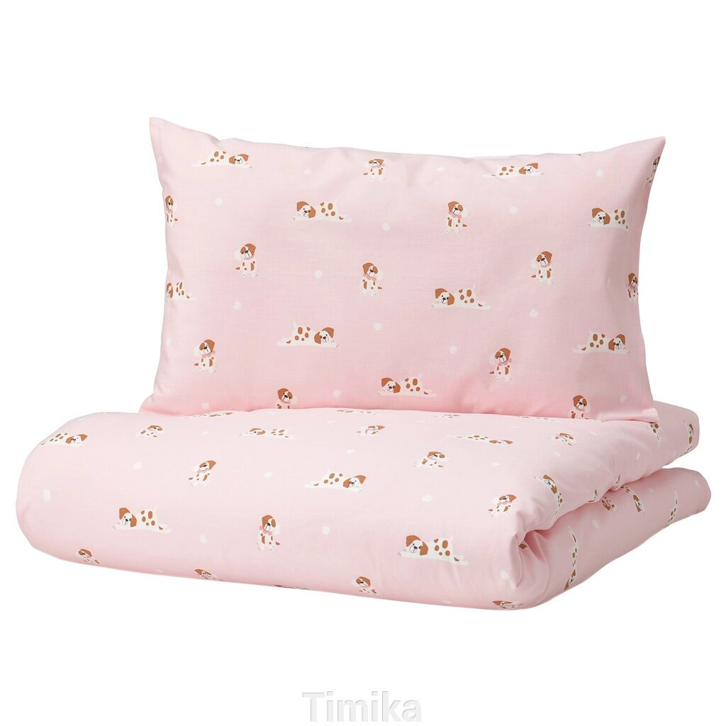 DRÖMSLOTT Підодіяльник 1 спальне наволочка, малюнок цуценя/рожевий, 110x125/35x55 см від компанії Timika - фото 1