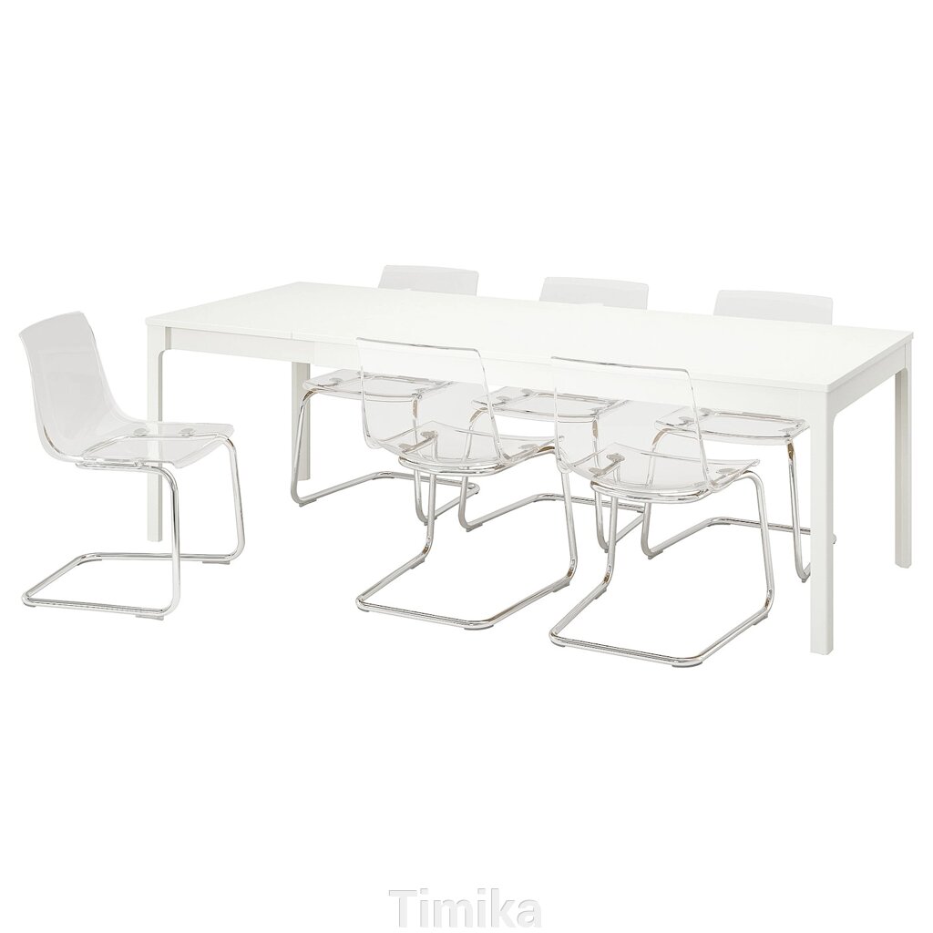 EKEDALEN / TOBIAS Стіл і 6 стільців, білий/прозорий хром, 180/240 см від компанії Timika - фото 1