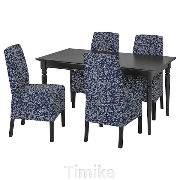 INGATORP / BERGMUND Стіл і 4 стільці, чорний/Ryrane темно-синій, 155/215 см від компанії Timika - фото 1