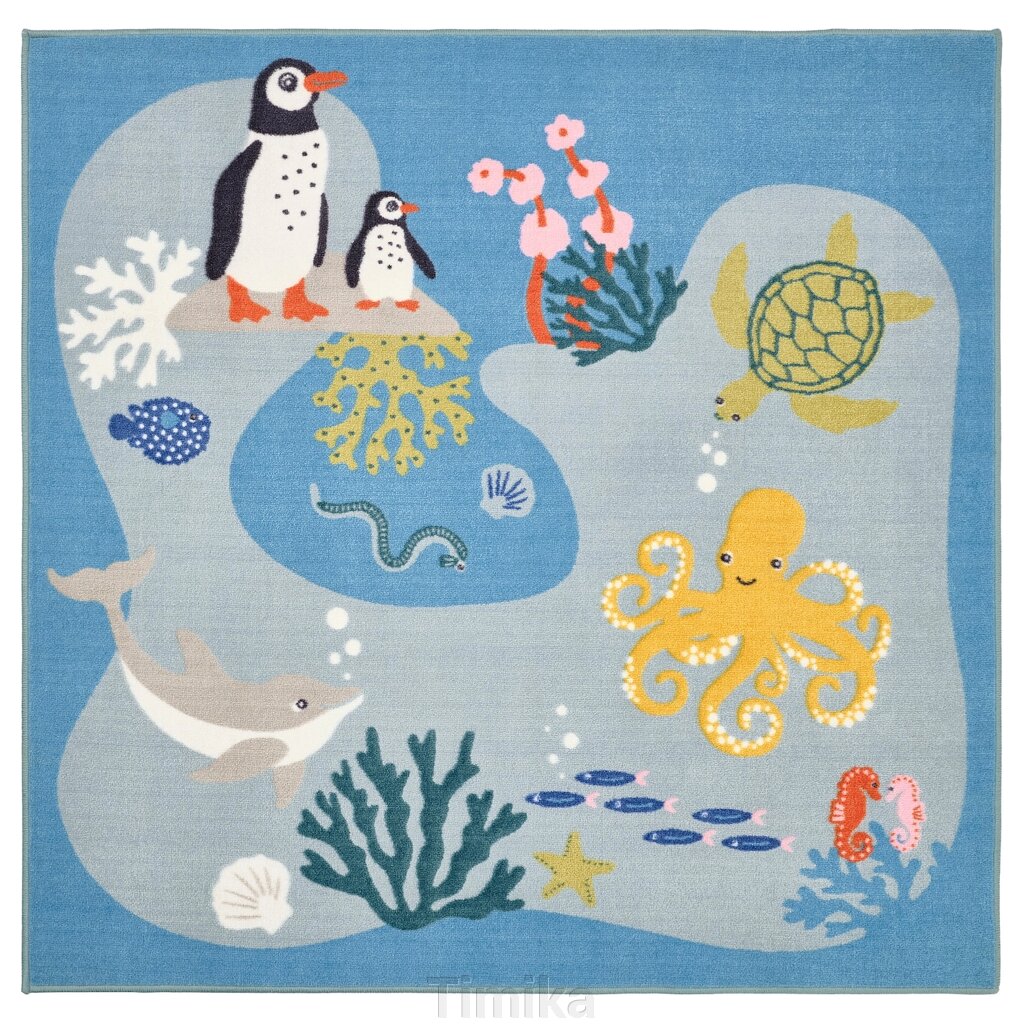 Килим BLÅVINGAD, малюнок океанських тварин/різнобарвний, 133x133 см від компанії Timika - фото 1