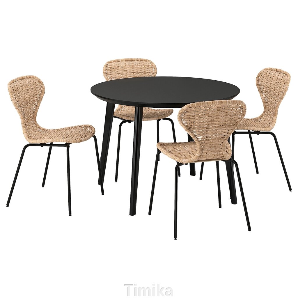 LISABO / ÄLVSTA Стіл і 4 стільці, чорний/чорний ротанг, 105 см від компанії Timika - фото 1