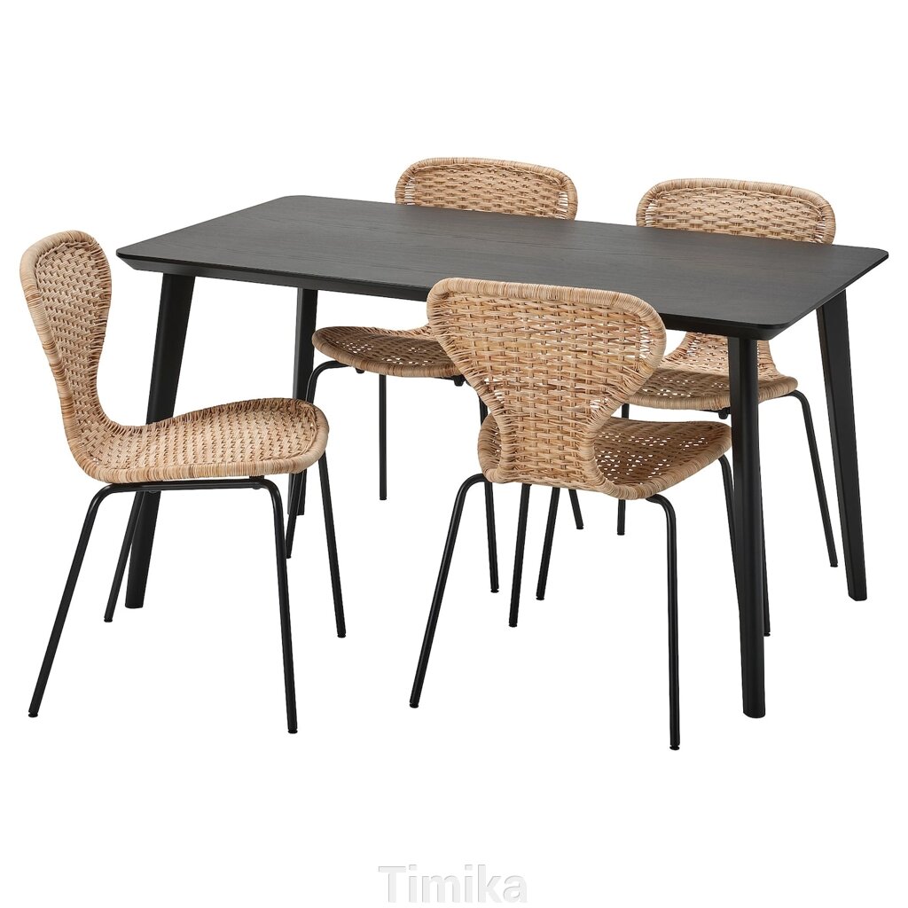 LISABO / ÄLVSTA Стіл і 4 стільці, чорний/чорний ротанг, 140x78 см від компанії Timika - фото 1
